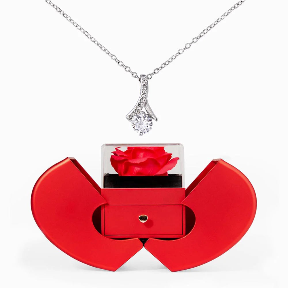 Ribbon-Cradled Gem Necklace in Heart Rose Box